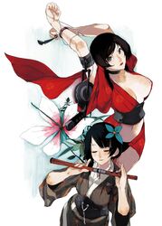  2girls blue_eyes brown_hair choker d.k dual_persona female japanese_clothes kimono kurenai_(red_ninja) multiple_girls ninja official_art red_ninja short_hair 