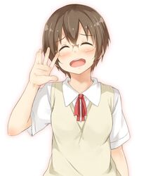  1girl blush brown_hair closed_eyes glasses mukunoki_nanatsu ore_no_imouto_ga_konna_ni_kawaii_wake_ga_nai school_uniform short_hair tamura_manami waving 