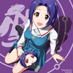  chibi from_above idolmaster kouchou miura-san miura_azusa open_mouth puchimasu! purple_hair red_eyes school_uniform sitting smile yokozuwari 