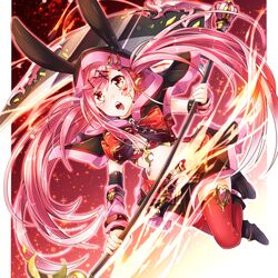  animal_ears bow brown_eyes chain collar crescent_moon detached_sleeves fang hair_ornament hairclip heart highres hood long_hair midriff moon open_mouth original pink_hair rabbit_ears sakuragi_ren scythe skirt staff tattoo thigh-highs very_long_hair zettai_ryouiki 