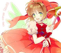  1girl brown_hair cardcaptor_sakura dress fuuin_no_tsue gloves green_eyes guriribalove hat kinomoto_sakura magical_girl short_hair wand wings 