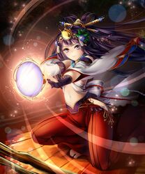  1girl belly hair_ornament japanese_clothes leaf long_hair miko mirror original purple_hair red_eyes solo toi_(4089597) 