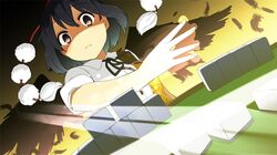  1girl black_hair bust feathers grey_eyes hat hota mahjong shameimaru_aya short_hair solo tokin_hat touhou wings 