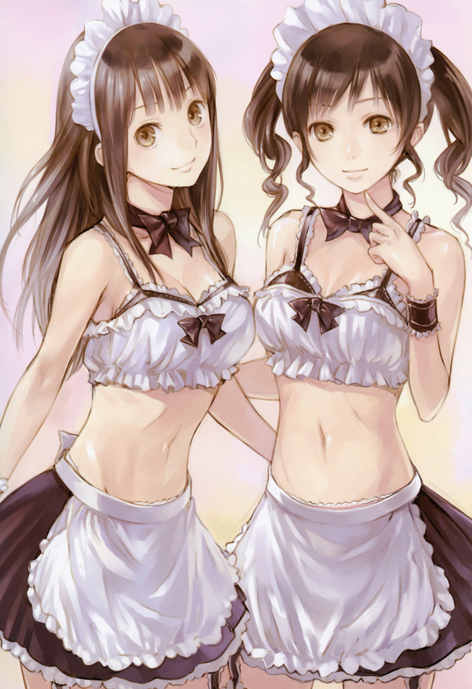 2girls apron bare_shoulders bonnet bow bowtie choker cleavage frills garter_belt kishida_mel long_hair maid maid_headdress mel_kishida midriff multiple_girls navel skirt thighhighs twintails uniform wrist_cuffs