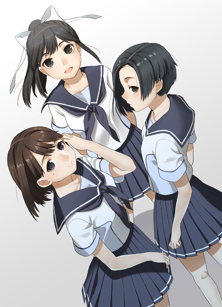 3girls anegasaki_nene bad_id black_eyes black_hair blush bob_cut bow brown_eyes brown_hair hair_ribbon kobayakawa_rinko long_hair looking_back love_plus mattaku_mosuke mole multiple_girls open_mouth ponytail ribbon school_uniform seifuku serafuku short_hair skirt smile takane_manaka