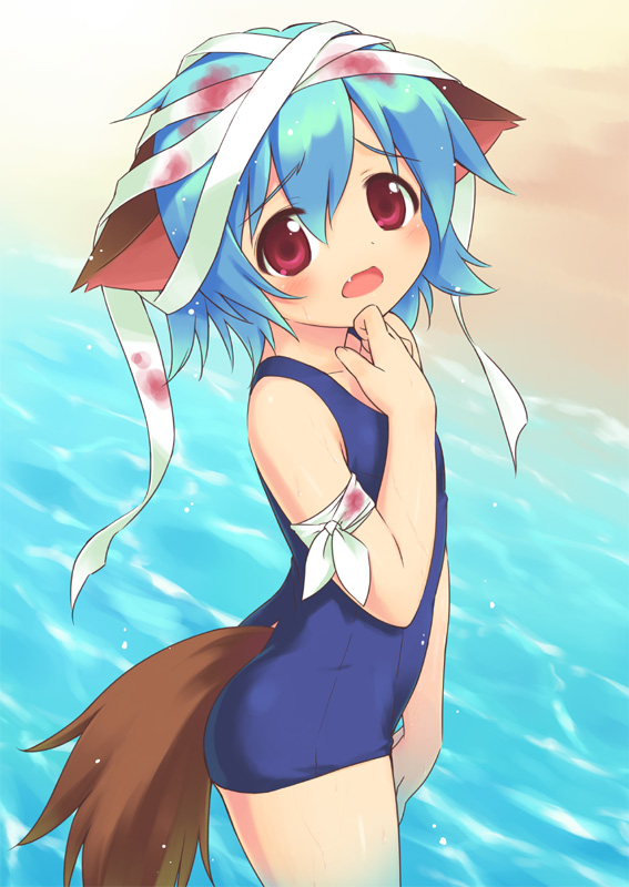 1boy animal_ears bandages beach blood blue_hair blush child crossdressinging dog_ears dog_tail doki_doki_majo_shinpan fang inou_shin inumimi male mochizuka_yuuma one-piece_swimsuit red_eyes school_swimsuit shin_inoh short_hair solo swimsuit tail trap wading water wet