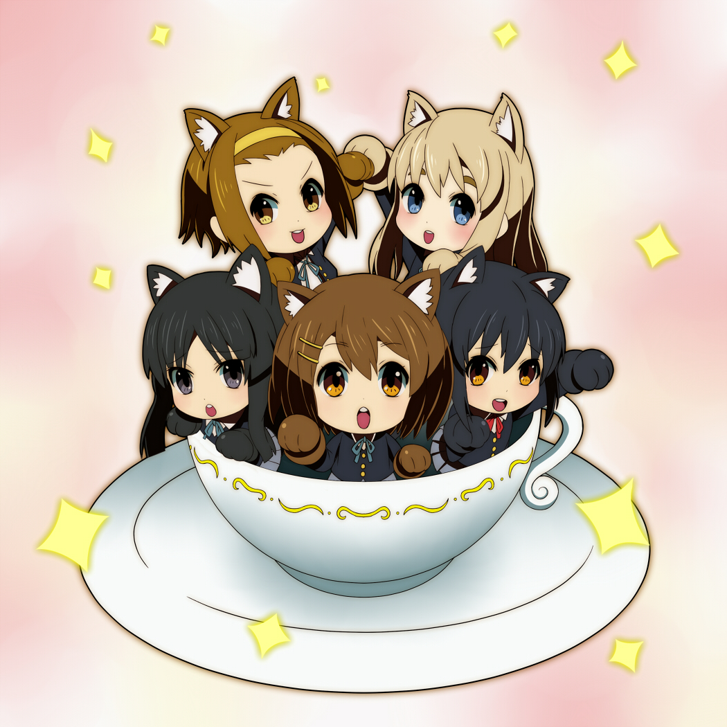 akiyama_mio animal_ears black_hair blonde_hair blue_eyes blush brown_eyes brown_hair cat_ears cat_paws chibi cup hairband hajime-ill-1st hajime_(hajime-ill-1st) hirasawa_yui in_container in_cup k-on! kemonomimi_mode kotobuki_tsumugi minigirl multiple_girls nakano_azusa nekomimi paw_pose paws school_uniform tainaka_ritsu yellow_eyes