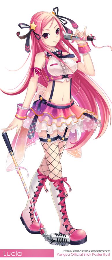 blush bow breasts crop_top fishnet_legwear fishnet_stockings fishnets garter_straps golf hair_bow hair_ornament hands lee_byung_hee legs long_hair lucia microphone microphone_stand midriff navel official_art pangya pink_hair red_eyes skirt solo sports suspenders thigh_highs thighhighs very_long_hair