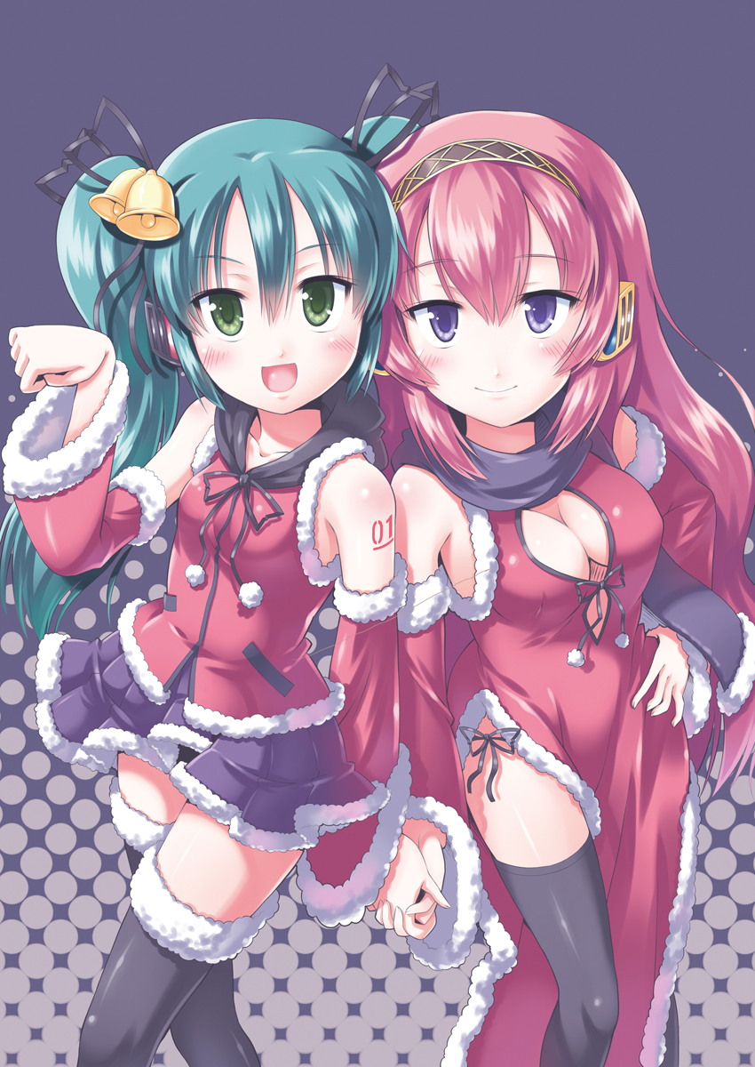 2girls aqua_hair bad_id bare_shoulders bell blush breasts christmas cleavage cleavage_cutout detached_sleeves elbow_gloves flat_chest green_eyes hand_on_hip hatsune_miku headphones highres legs long_hair megurine_luka morujii multiple_girls pink_hair skirt thigh_highs thighhighs twintails vocaloid