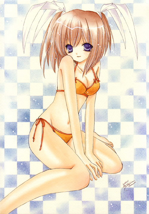 asapon bikini brown_hair kneeling navel pia_carrot pia_carrot_(series) pia_carrot_e_youkoso!!_3 purple_eyes short_hair swimsuit traditional_media twintails violet_eyes