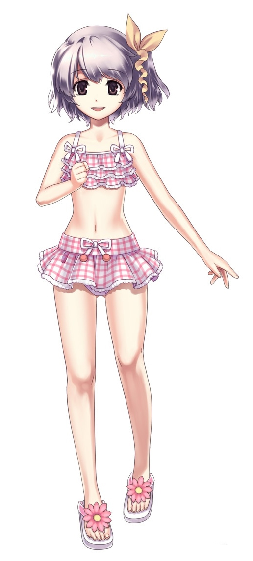 1girl bikini bow brown_eyes collarbone cross_edge eyebrows_visible_through_hair feet female flat_chest flower frills grey_hair loli looking_at_viewer may may_(cross_edge) navel official_art sandals short_hair simple_background solo swimsuit tankini upper_teeth white_background