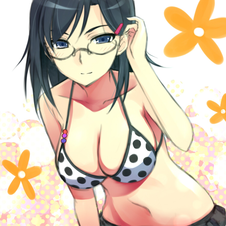 bikini bikini_top blue_eyes blue_hair blush breasts cleavage collarbones glasses hair_ornament hairclip konori_mii large_breasts long_hair midriff mii_konori navel osa_(artist) osa_(osaosa) polka_dot solo swimsuit to_aru_kagaku_no_railgun to_aru_majutsu_no_index