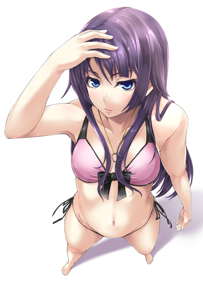 asu_hare bakemonogatari bare_shoulders barefoot bikini blue_eyes blush bow breasts cleavage face feet foreshortening from_above front-tie_top hands jewelry long_hair looking_at_viewer looking_up monogatari_(series) navel necklace pendant perspective purple_hair senjougahara_hitagi side-tie_bikini solo swimsuit