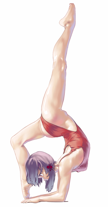 1girl barefoot bendy feet flat_chest flexible geister gymnastics handstand highleg leg_up legs leotard original purple_hair short_hair solo spandex stretch stretching toe-point