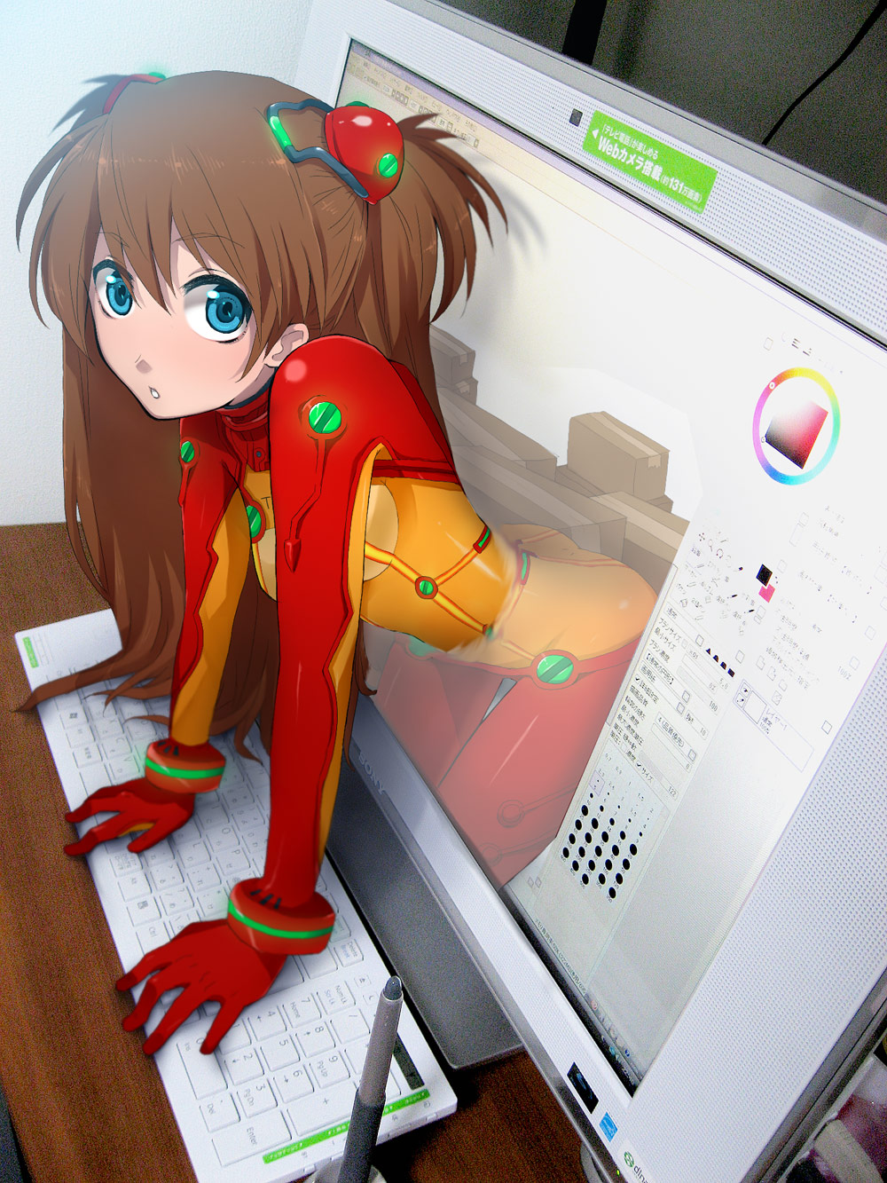 1girl :o blue_eyes bodysuit box brown_hair cardboard_box computer computer_keyboard hattori_(junoct2000) highres long_hair monitor neon_genesis_evangelion painttool_sai photoshop plugsuit rebuild_of_evangelion shikinami_asuka_langley solo sony souryuu_asuka_langley spandex stylus test_plugsuit through_screen