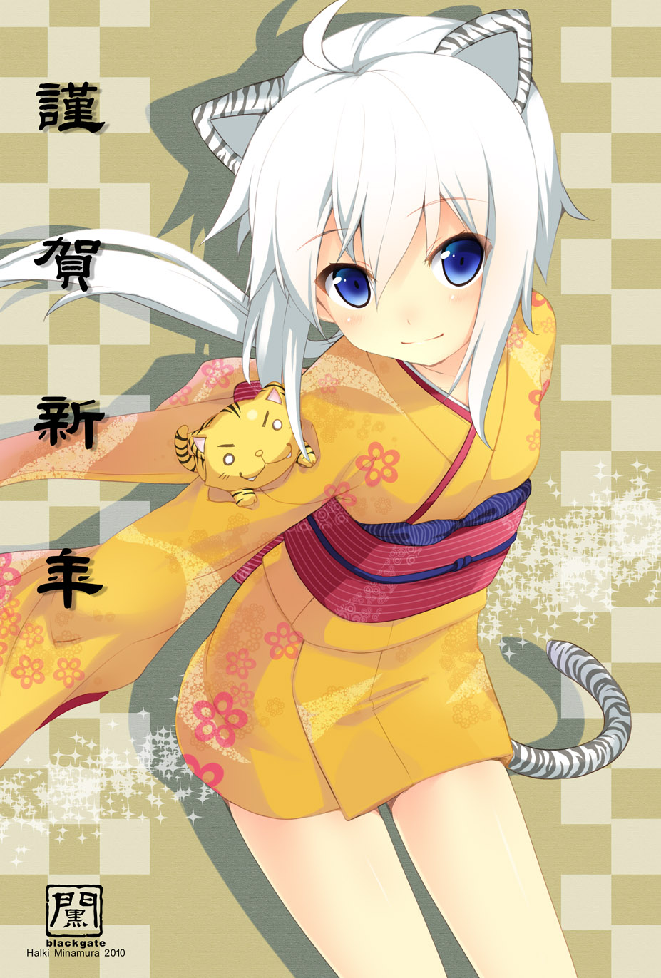 2010 ahoge animal_ears blush checkered checkered_background flat_chest haruki_minamura highres japanese_clothes kimono long_hair looking_at_viewer minamura_haruki new_year short_kimono smile solo tail tiger tiger_ears tiger_tail tigermimi yukata