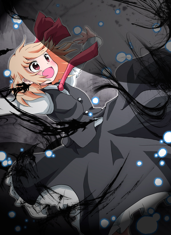 :d blonde_hair danmaku darkness dress fang hair_ribbon massala necktie open_mouth outstretched_arms red_eyes ribbon rumia shadow smile solo spread_arms touhou