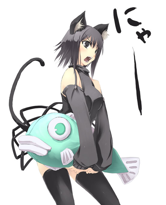 1girl animal_ears black_eyes black_hair black_legwear black_scarecrow breasts cat_ears cat_tail detached_sleeves fish gloves satomi short_hair solo stuffed_animal tail thighhighs toy