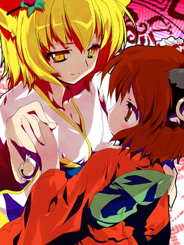 alphes amber_eyes animal_ears bell blonde_hair blush brown_eyes brown_hair cat_ears catgirl chen earrings flat_chest fox_ears foxgirl game hat japanese_clothes jewelry kimono kitsunemimi kyubimimi lilyran loli lowres multiple_girls nekomata nekomimi short_hair touhou yakumo_ran yellow_eyes yukata