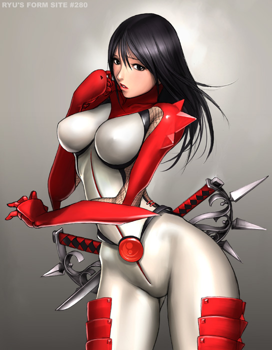 1girl belt black_eyes black_hair bodysuit breasts curvy fishnets hibana hips impossible_clothes kunoichi_(game) large_breasts lipstick long_hair mound_of_venus nightshade ninja open_mouth ryu_(artist) sega shiny shiny_clothes skin_tight slender_waist solo spikes standing sword weapon wide_hips