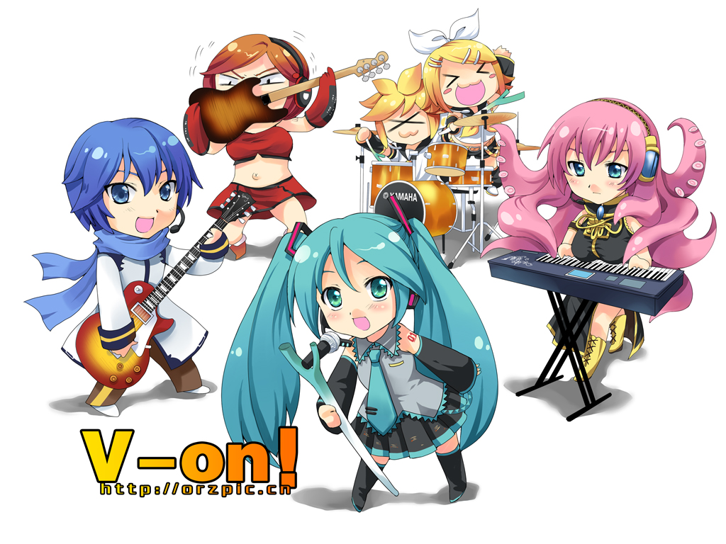 &gt;_&lt; 4girls :3 band chibi drum drum_set guitar hatsune_miku instrument k-on! kagamine_len kagamine_rin kaito keyboard_(instrument) living_hair megurine_luka meiko microphone mouth_hold multiple_boys multiple_girls parody prehensile_hair spring_onion synthesizer takoluka tentacle_hair themed_object thighhighs tian_shi_meng_mo twintails vocaloid white x3