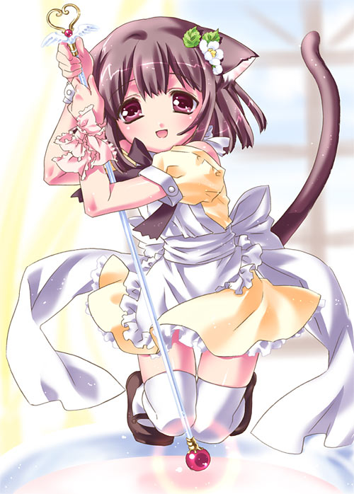 animal_ears apron bow brown_hair cat_ears cat_tail dress flat_chest flower hair_flower hair_ornament heart kamiya_maneki kneeling loli looking_at_viewer maid mary_janes nekomimi open_mouth pink_eyes ribbon shoes short_hair smile solo staff tail tareme thigh_highs thighhighs violet_eyes wrist_ribbon zettai_ryouiki