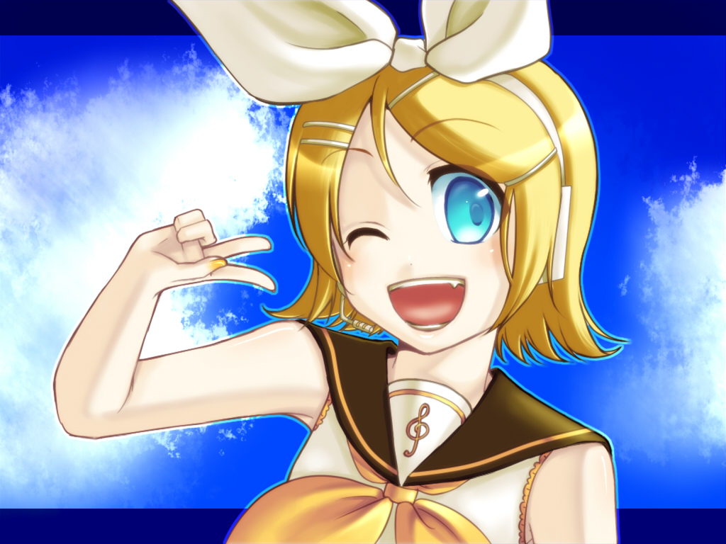 blonde_hair kagamine_rin open_mouth short_hair sky solo v vocaloid