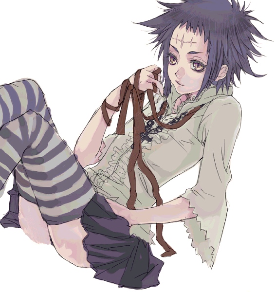 1girl amber_eyes blouse colored_eyelashes d.gray-man facial_mark forehead_mark frills purple_hair ribbon road_kamelot short_hair skirt solo spiked_hair striped_thighhighs stripes thighhighs