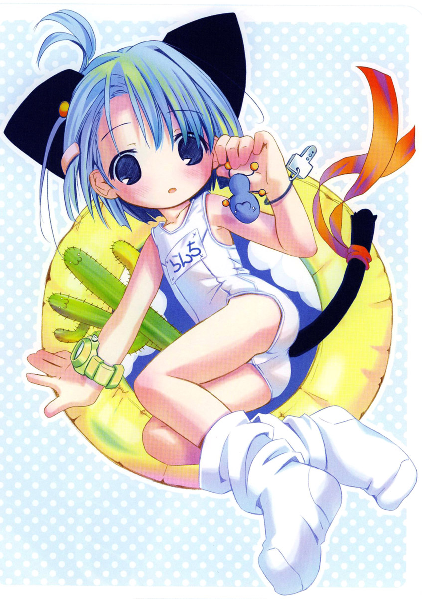ahoge animal_ears ass blue_eyes blue_hair blush cactus cat_ears cat_tail catgirl child flat_chest from_above hair_ornament hairclip highres key loli lunch lunchbox lying name_tag on_side one-piece_swimsuit open_mouth polka_dot pop ribbon school_swimsuit short_hair socks solo swimsuit tail tail_ribbon watch white_school_swimsuit wristwatch