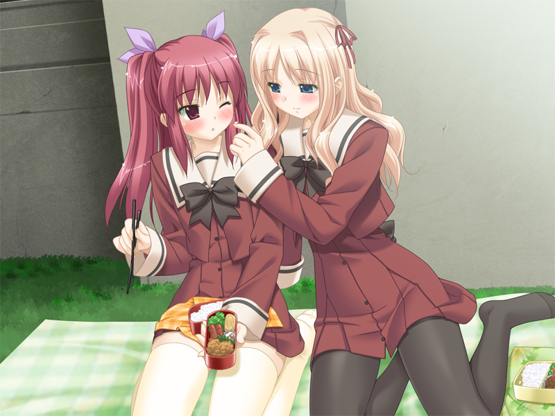 2girls bento blonde_hair blue_eyes blush chopsticks eating food game_cg gray_pantyhose hair_ribbon long_hair long_sleeves matsubara_yuuna multiple_girls oda_nanami pantyhose peko red_eyes red_hair rice school_uniform skirt sono_hanabira_ni_kuchizuke_wo sushi thigh_highs thighhighs twintails uniform wavy_hair white_thighhighs yuri zettai_ryouiki