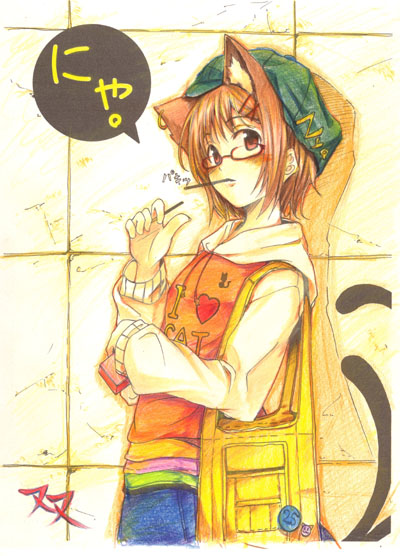 brown_hair catgirl chen game glasses hat nekomata nekomimi short_hair touhou