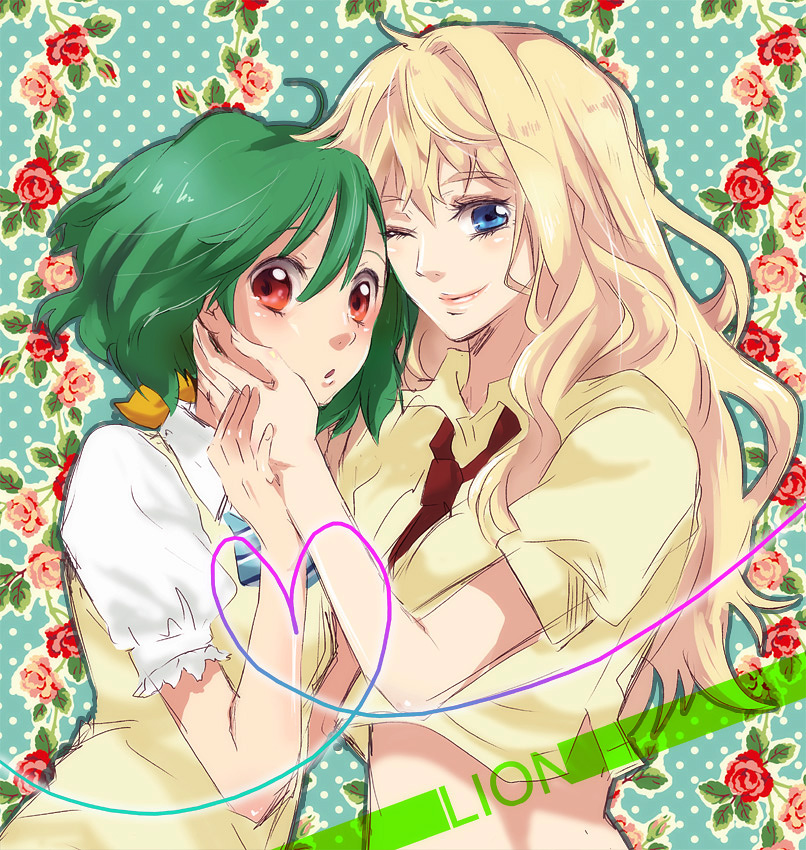 blonde_hair blue_eyes flower gen_(enji) green_hair heart long_hair macross macross_frontier midriff multiple_girls necktie ranka_lee red_eyes sheryl_nome short_hair sketch smile wink