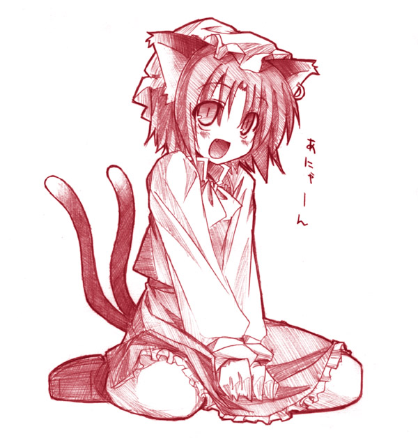 animal_ears cat_ears cat_tail catgirl chen dress earrings fang flat_chest game hat jewelry loli monochrome multiple_tails nekomata nekomimi nyan open_mouth red short_hair sitting sketch slit_pupils smile tail touhou wariza yuuki_eishi