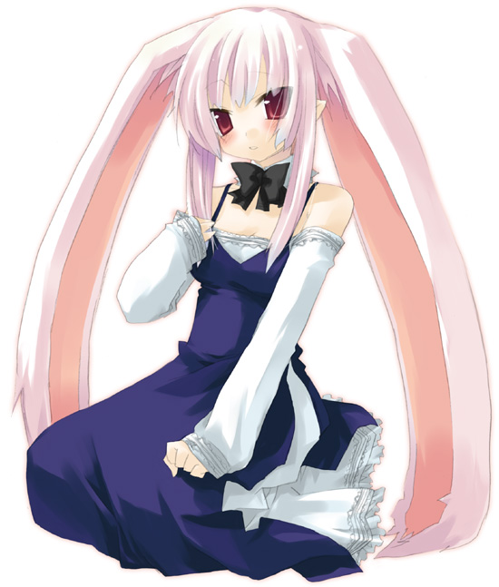 234 bare_shoulders blush bow bowtie bunny_ears collar dress elbow_gloves elf extra_ears gloves hand_on_own_chest long_hair pink_eyes pink_hair pointy_ears red_eyes sazaki_ichiri seiza short_hair simple_background sitting solo tsurime usagimimi