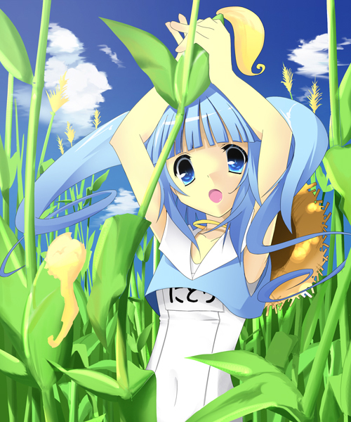 blue_eyes blue_hair corn crop_top hat itose_ikuto kawashiro_nitori loli long_hair no_pants one-piece_swimsuit school_swimsuit solo straw_hat swimsuit swimsuit_under_clothes touhou twintails white_school_swimsuit