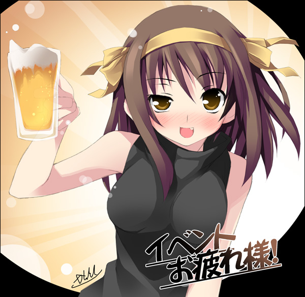 beer brown_eyes brown_hair drunk fang froth glass hair_ribbon kantoku raised_eyebrow ribbon short_hair solo suzumiya_haruhi suzumiya_haruhi_no_yuuutsu translated uneven_eyes wince