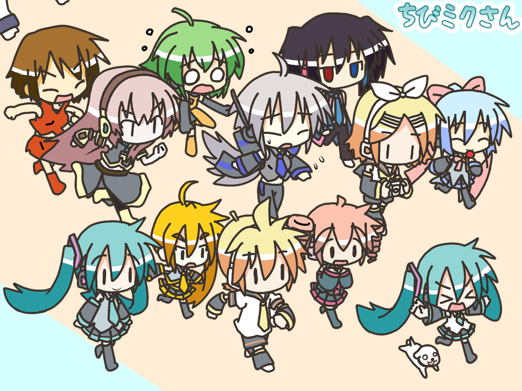 &gt;_&lt; ahoge akita_neru bu-n chibi chibi_miku clenched_hand dog dojikko everyone fallen_down fl-chan fl_studio hamo_(dog) hatsune_miku heterochromia kagamine_len kagamine_rin kaito kasane_teto kiyone_suzu megurine_luka meiko minami_(colorful_palette) o_o outstretched_arms playstation_portable raised_fist running spread_arms sweat thighhighs twintails utau vocaloid voyakiloid yokune_ruko yowane_haku |_|