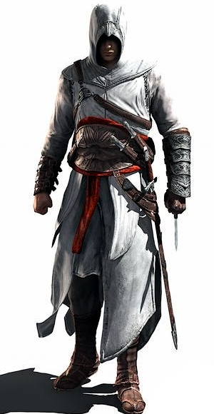 altair_ibn_la-ahad assassin's_creed belt boots bracer emblem hidden_blade hood knife robe sash single_glove strap sword