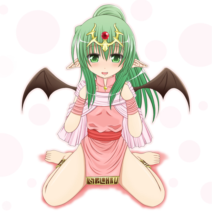 barefoot bat_wings blush chiki fire_emblem fire_emblem:_mystery_of_the_emblem fire_emblem_mystery_of_the_emblem flat_chest green_eyes green_hair jewelry loli mazakura_senju no_panties pointy_ears ponytail sitting spread_legs tiara wariza wings