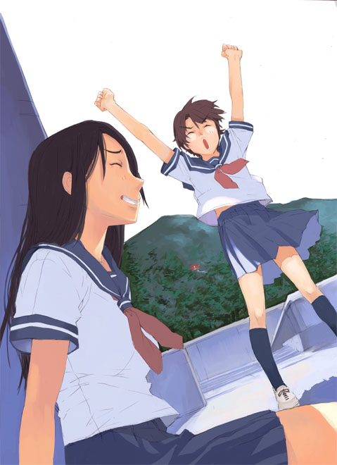 brown_hair cheer cheering happy legs long_hair mura_(kanojo_no_oukoku) school_uniform short_hair skirt smile socks wind