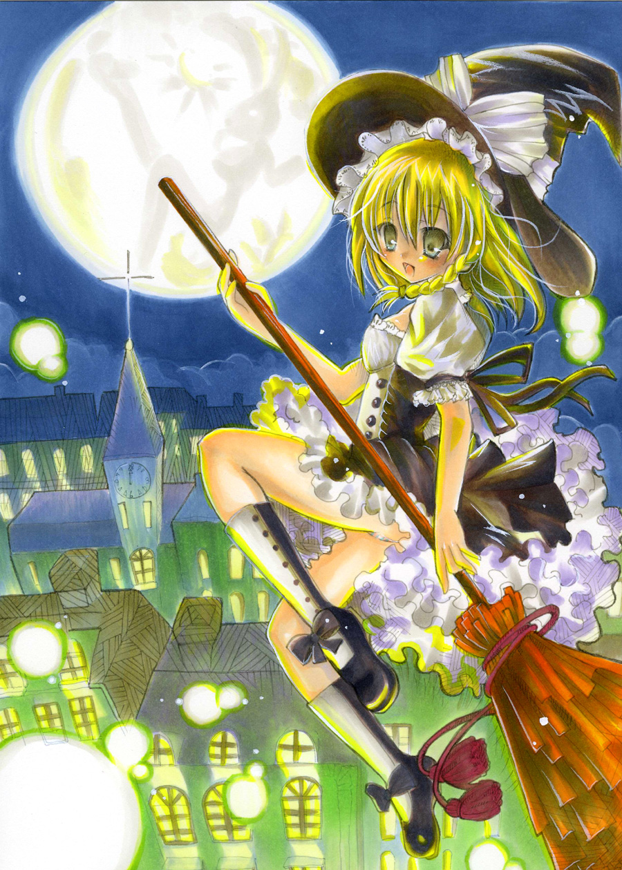 blonde_hair braid broom hat highres kirisame_marisa mezashi_gohan mezasigohann short_hair solo touhou witch_hat yellow_eyes