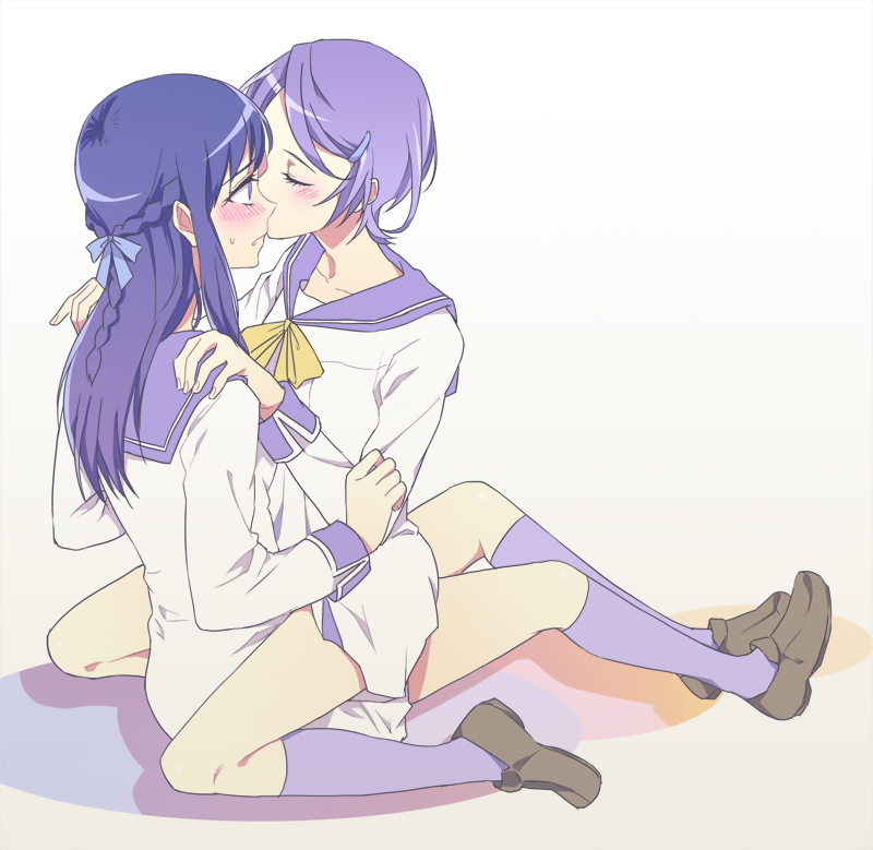 2girls blue_hair blush braid cheek_kiss closed_eyes couple dokidoki!_precure half_updo hands_on_shoulders hishikawa_rikka kenzaki_makoto kiss long_hair multiple_girls negom precure purple_hair school_uniform short_hair simple_background sitting sitting_on_lap sitting_on_person straddle white_background yuri