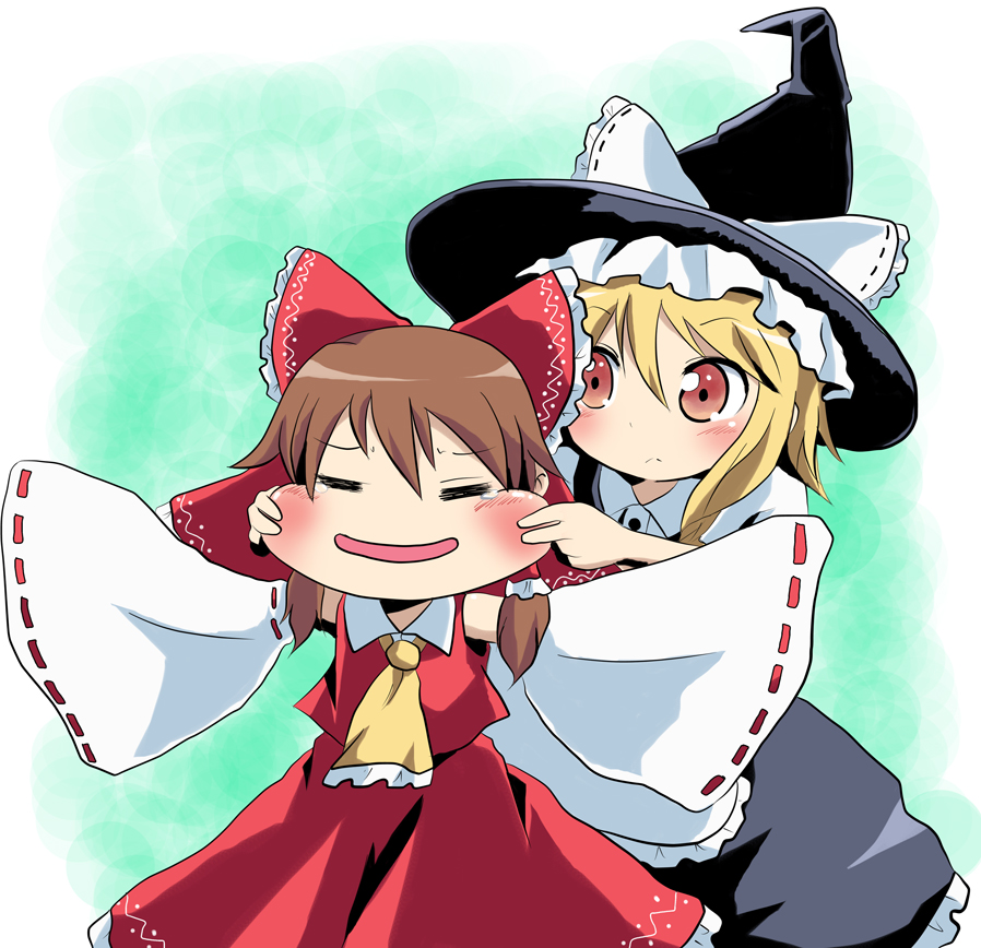 bad_id blonde_hair blush bow brown_hair cheek_pinch cheek_pinching hair_bow hakurei_reimu hat kirisame_marisa massala outstretched_arms pinching red_eyes ribbon short_hair simple_background sleeves_past_wrists spread_arms stare teardrop touhou witch_hat