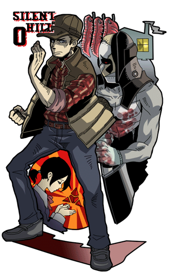 2boys alessa_gillespie artist_request belt black_hair blood butcher checkered child cleaver dual_persona fist food hat helmet house lowres male manly meat nails ponytail pyramid school_uniform shadow shoes silent_hill_0 sleeves_rolled_up smokestack source_request travis_o'_grady vest