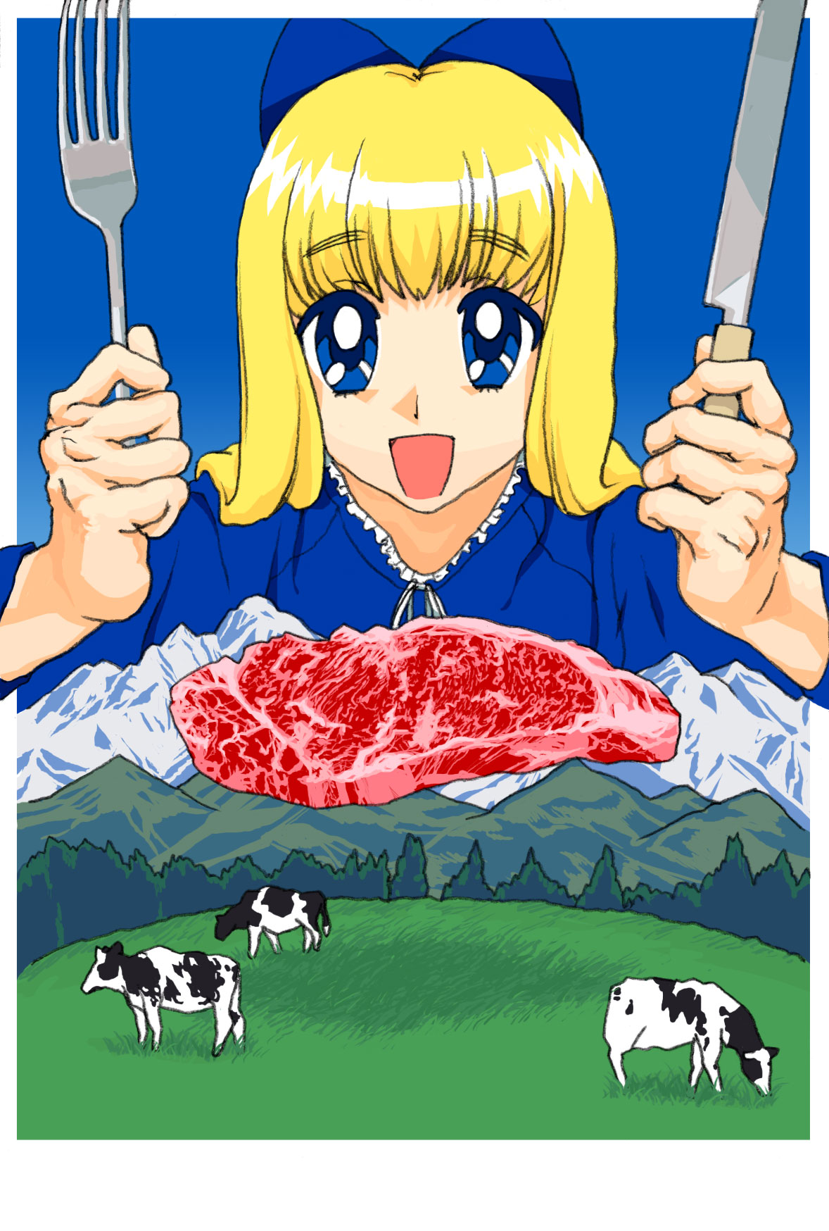 blonde_hair blue_eyes bow cow field fork hair_bow ietan knife man_hands mountain steak