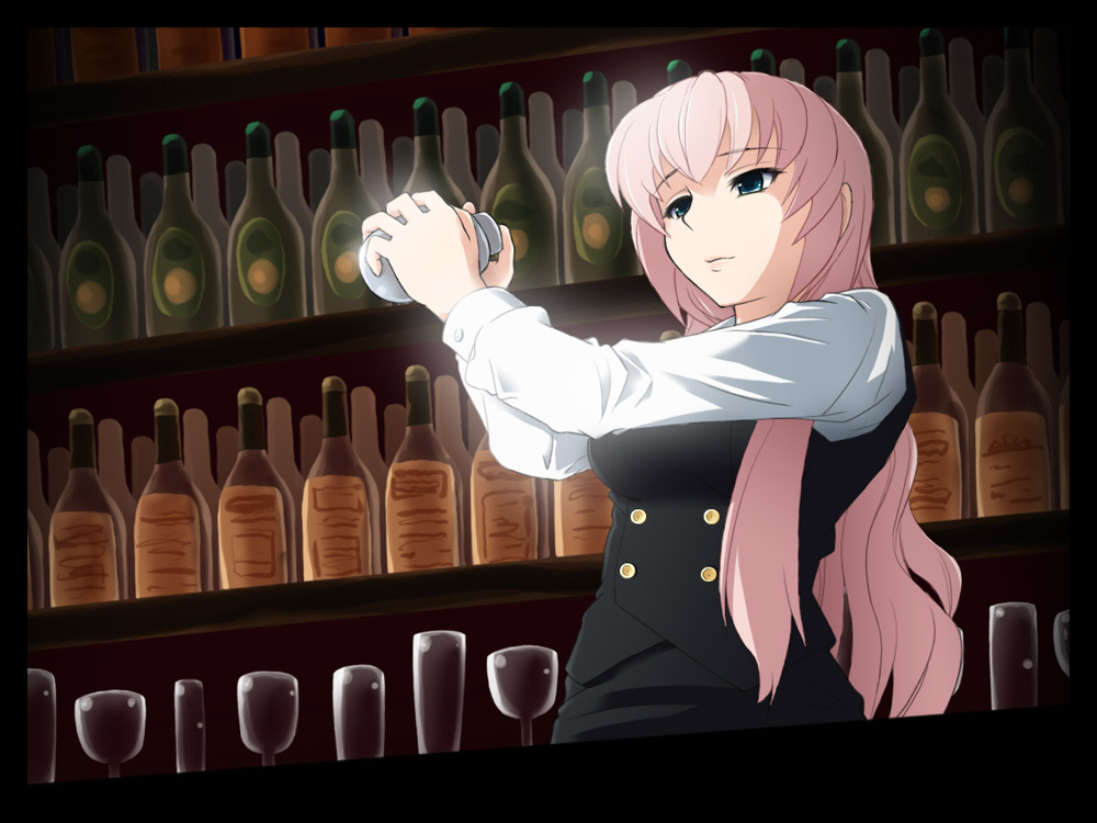 aqua_eyes bartender bartender_(series) bottle formal glass long_hair mameshiba megurine_luka pant_suit pink_hair solo suit vocaloid