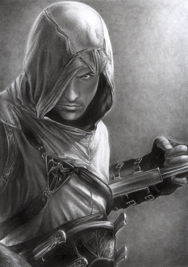 assassin's_creed assassin's_creed belt bust d17rulez emblem gloves hidden_blade hood knife monochrome realistic robe solo strap throwing_knife throwing_knives traditional_media