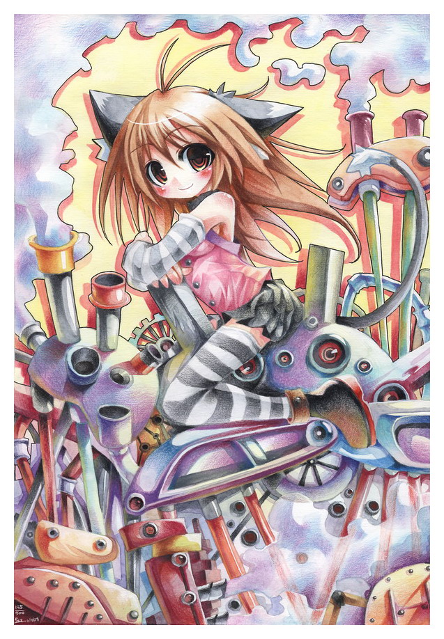 animal_ears blush brown_eyes brown_hair cat_ears cat_tail detached_sleeves emperpep machine skirt solo tail thigh-highs thighhighs traditional_media watercolor_(medium)