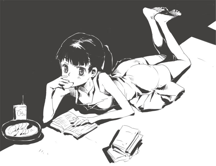 barefoot blush book dress eating feet legs lying monochrome mura_(kanojo_no_oukoku) short_twintails twintails