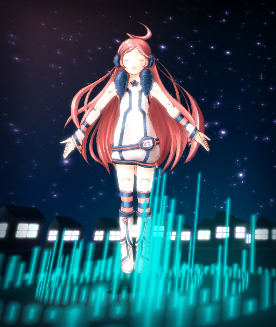 android belt boots captain_mirai closed_eyes dress earmuffs gloves goodnight_(vocaloid) headphones kneehighs long_hair miki_(vocaloid) night red_eyes red_hair redhead robot_joints sf-a2_miki sky socks solo star_(sky) starry_sky striped striped_gloves striped_kneehighs very_long_hair vocaloid wrist_cuffs